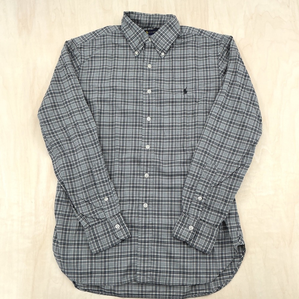 Mens Classic Plaid Button Down Shirt Gray Blue Long Sleeve Preppy Ralph Lauren